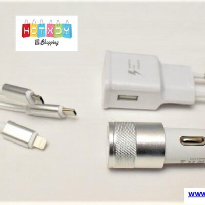 Σετ φόρτισης USB 3σε1 και φορτιστή αυτοκινήτου 2Θ.USB / Λευκό-Ασημί