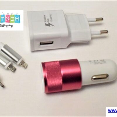 Σετ φόρτισης USB 3σε1 και φορτιστή αυτοκινήτου 2Θ.USB / Λευκό-Κόκκινο